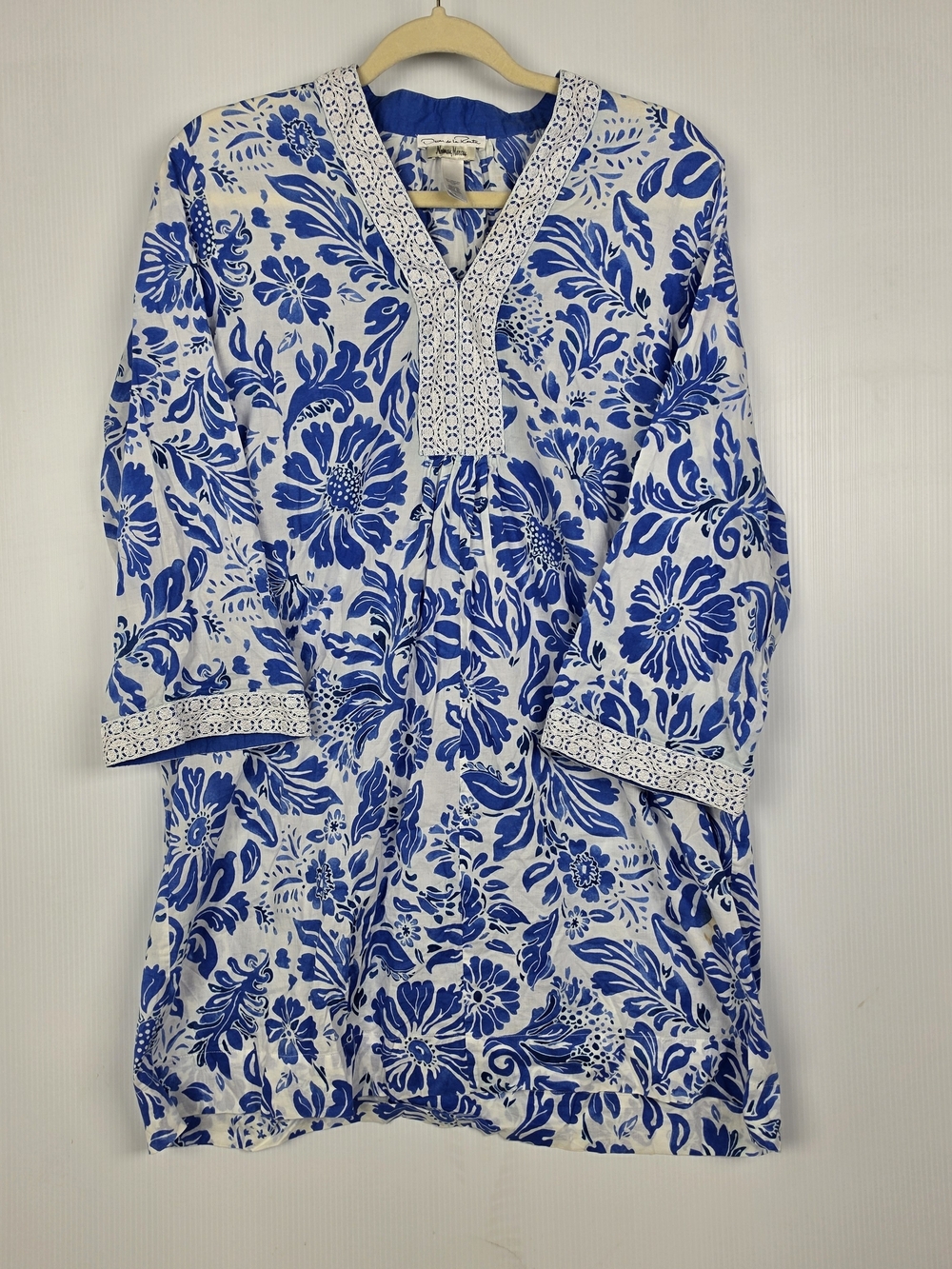 Oscar de la Renta White Tunic Dress with Blue Floral Print